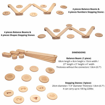 Wooden balance beam and stepping stones set with dimensions and piece counts.