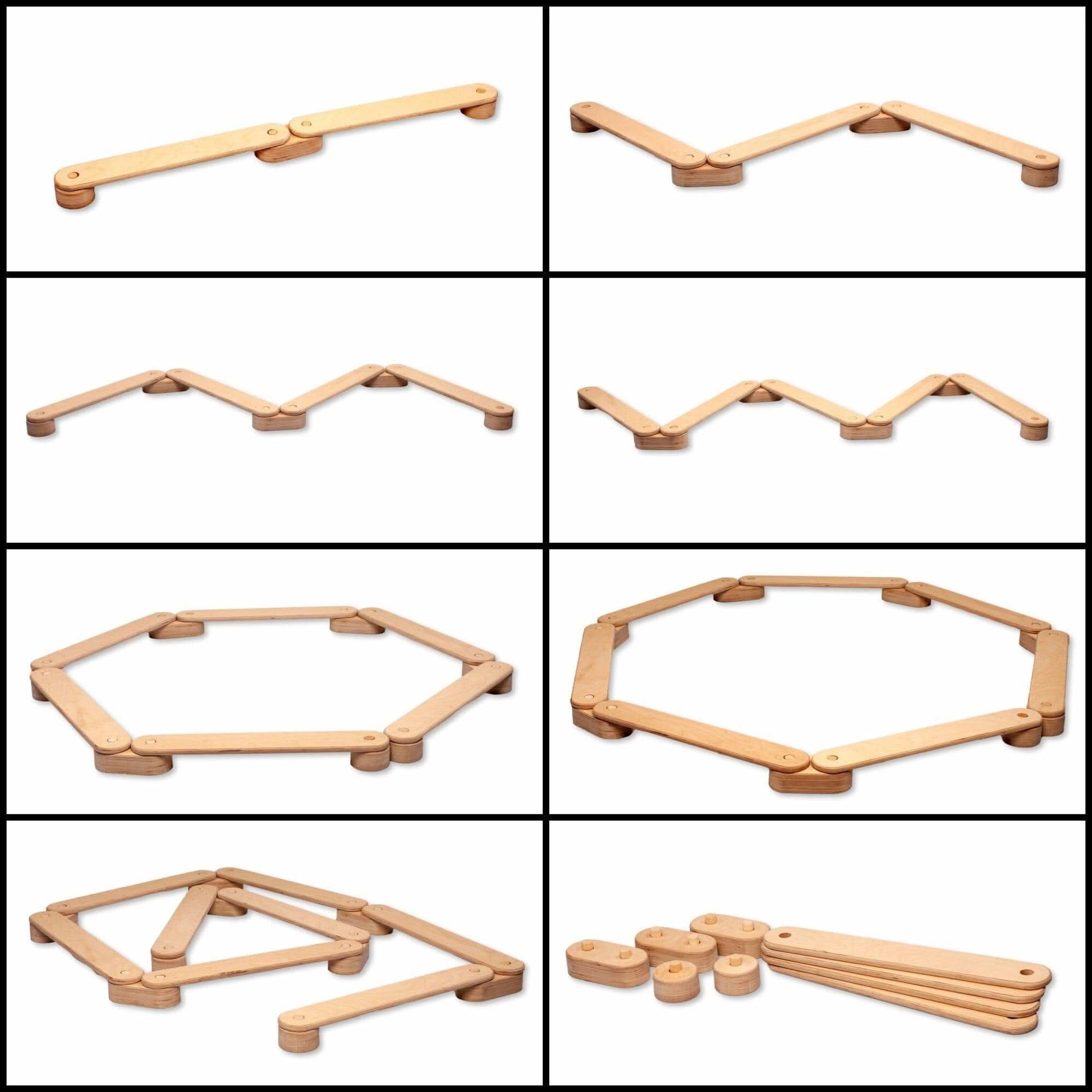 Set of wooden building blocks in various shapes on a white background