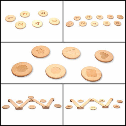 Set of wooden number and shape tiles with additional wooden sticks on a white background