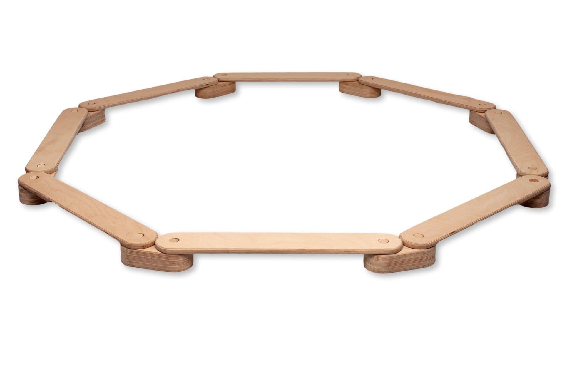 Wooden circular toy with interlocking pieces on a white background