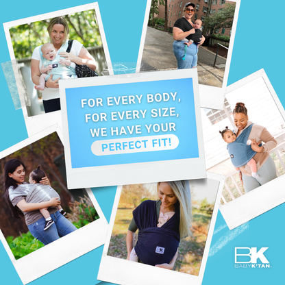 Collage of diverse parents wearing Baby K'tan carriers with infants, set against a blue background. Central text reads, "For every body, for every size, we have your perfect fit!"