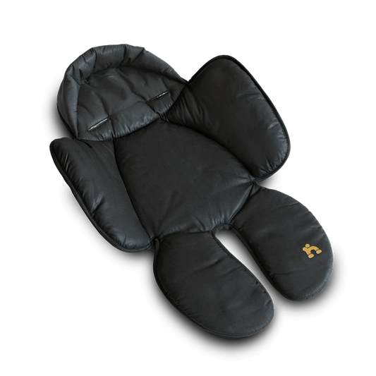 Black baby seat cover with a logo on a white background