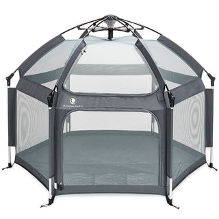 Portable playpen with mesh sides and gray frame on a white background