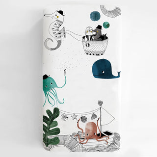 Children's illustration of sea creatures and a seahorse on a white background