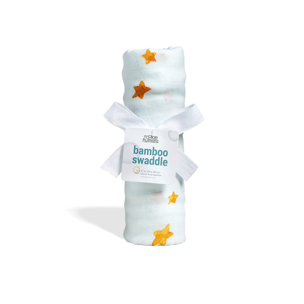 Bamboo swaddle with star pattern in a white package on a white background