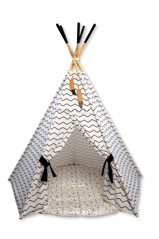 Pet teepee with black and white pattern on a white background