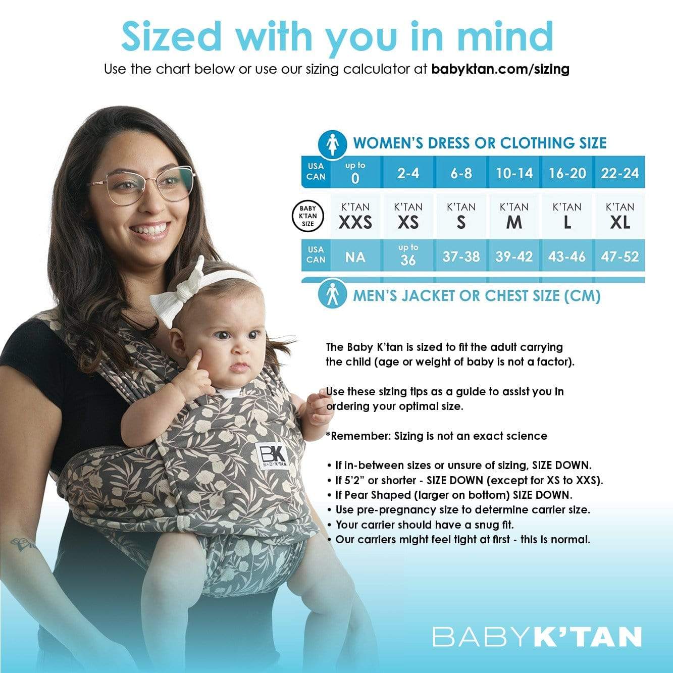 Size guide for Baby K'tan baby carrier, displaying various sizes and fitting instructions for optimal use.