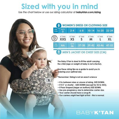 Size guide for Baby K'tan baby carrier, displaying various sizes and fitting instructions for optimal use.