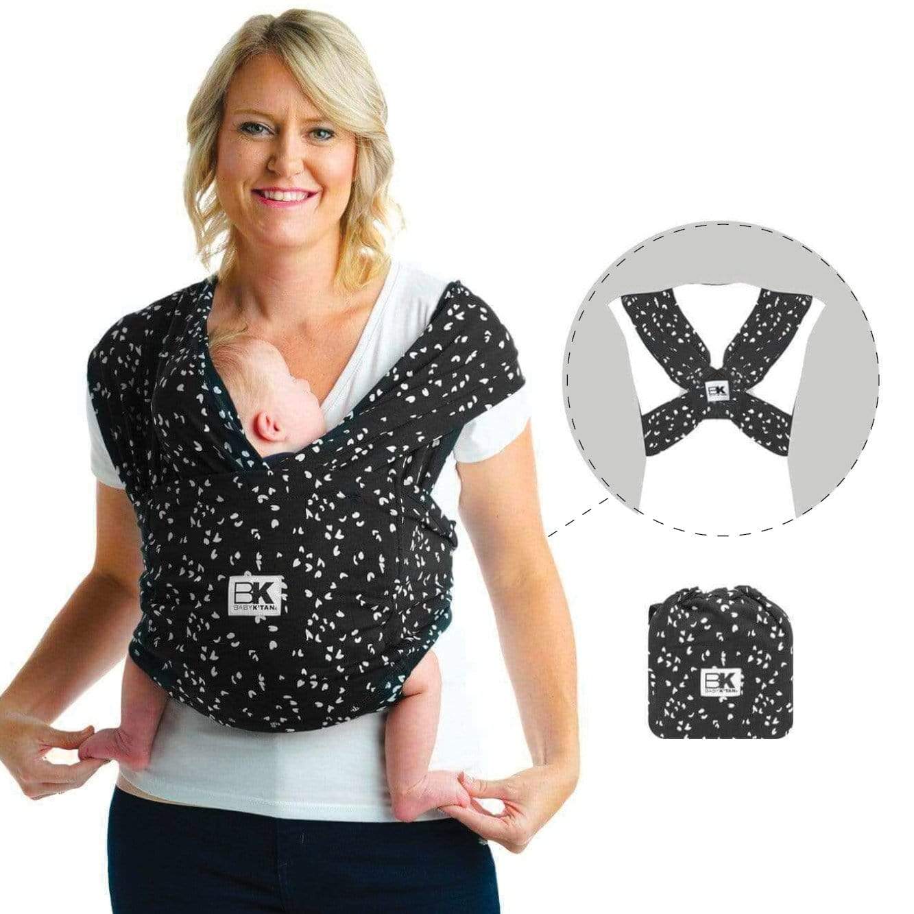 Baby K'tan carrier designed to securely hold and support a baby in a comfortable and ergonomic position.